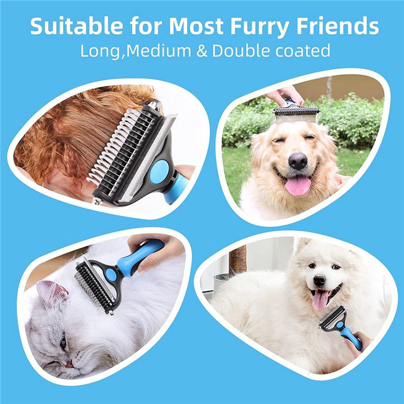 Dog Comb Rake 2 in 1 Safe Double-Sided Comfortable Handle Pet Grooming Brush for Mats Tangles Removing Small