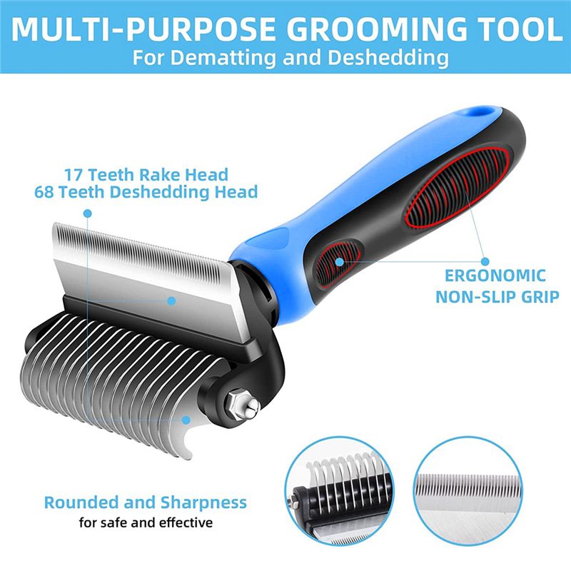 Dog Comb Rake 2 in 1 Safe Double-Sided Comfortable Handle Pet Grooming Brush for Mats Tangles Removing Small