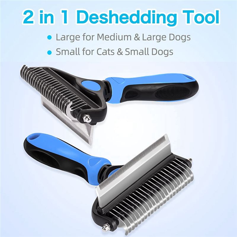 Dog Comb Rake 2 in 1 Safe Double-Sided Comfortable Handle Pet Grooming Brush for Mats Tangles Removing Small