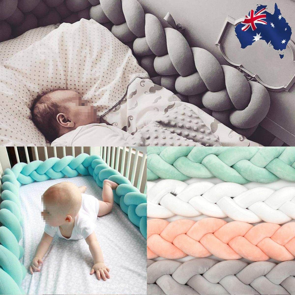 2M Baby Infant Plush Crib Bumper Bed Bedding Cot Braid Pillow Pad Protector 2m Grey