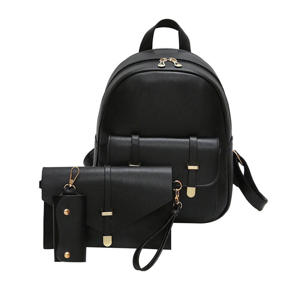 (black)3pcs/Set Women PU Leather Backpack Female Solid