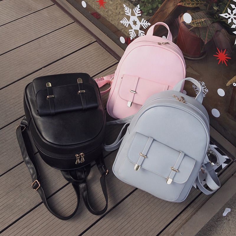 (black)3pcs/Set Women PU Leather Backpack Female Solid