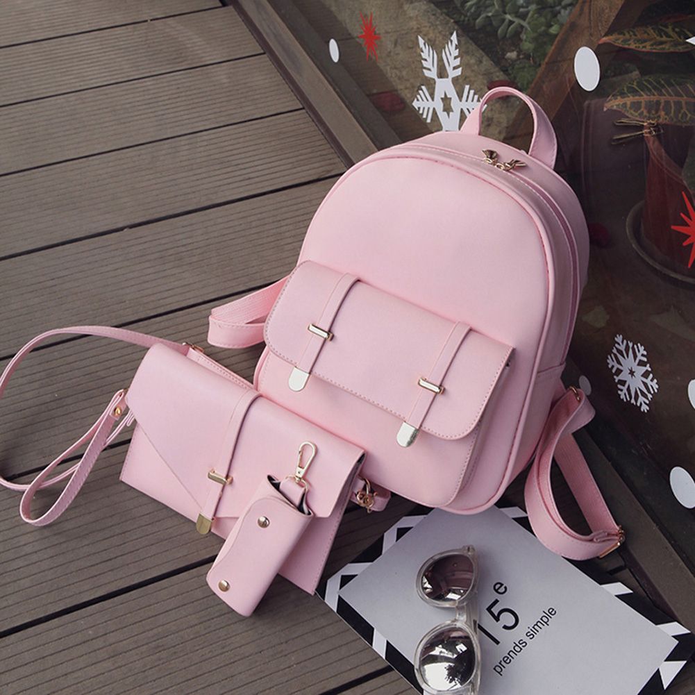 (black)3pcs/Set Women PU Leather Backpack Female Solid