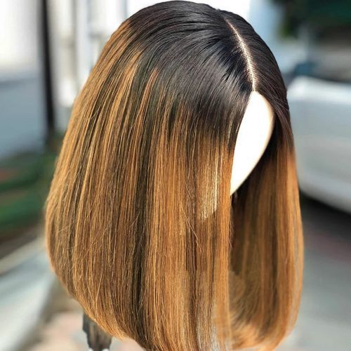 Short Straight Hair Wig Brown Gradient Hair Wig With Medium Parting 14 Inch