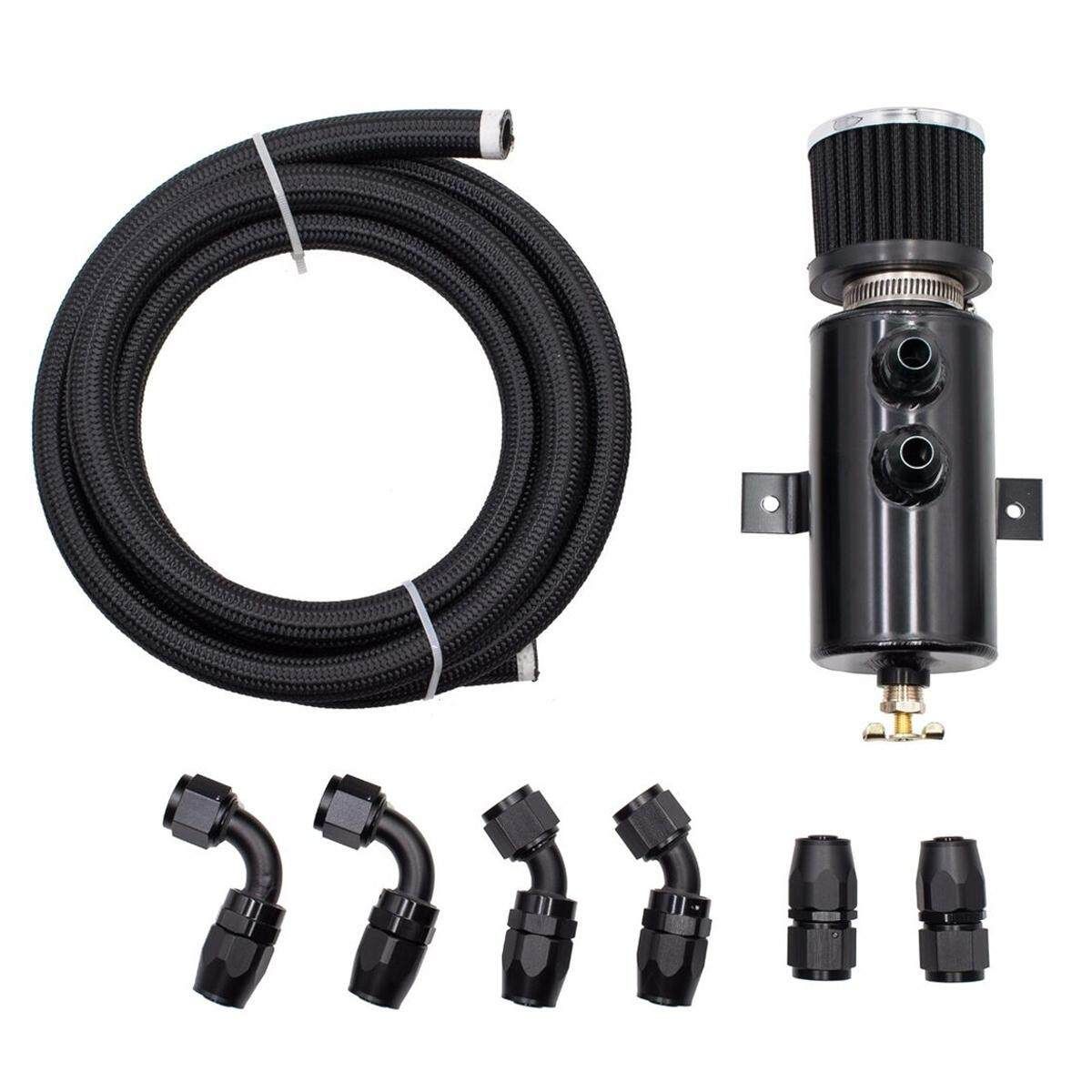 Aluminium Baffled Engine Oil Catch Can 0.75L Twin Port AN10 +3M Hose Fitting Kit