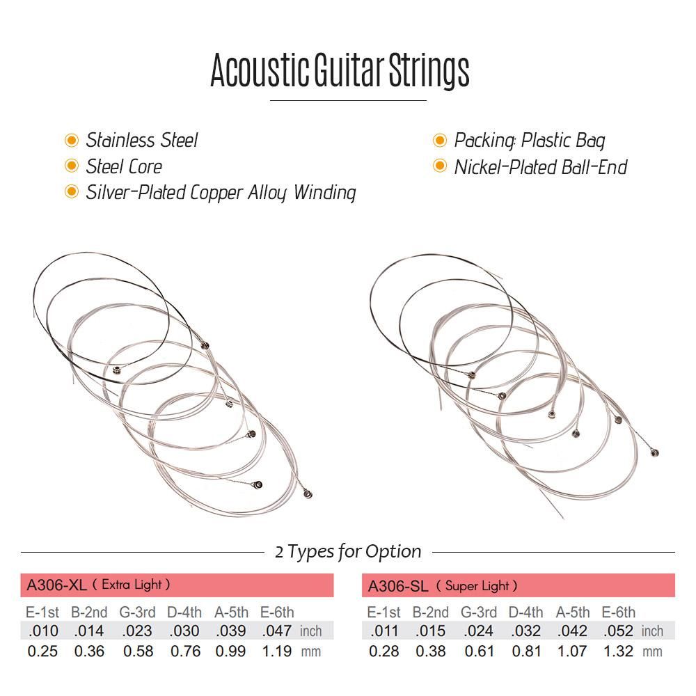 Alice A306 Series Acoustic Folk Guitar Strings Set Stainless Steel Wire Steel Core Silver-plated Copper Alloy Wound, 6pcs/ Set, Extra Light(.010-.047)