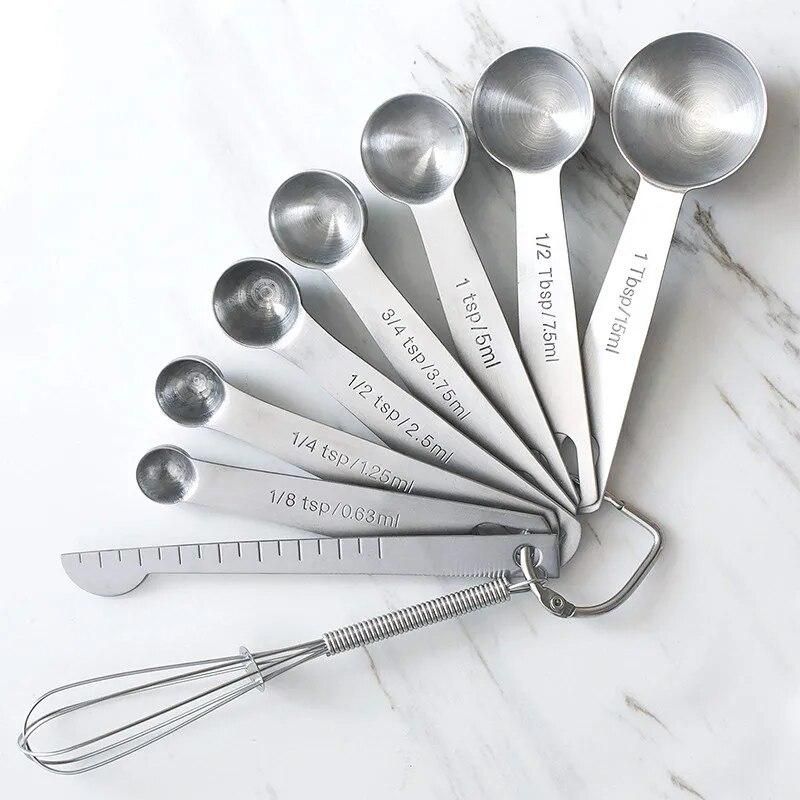 9Pcs/Set Measuring Spoons Scoop Stainless Steel Multifunctional Cups Creative Kitchen Scale Baking Teaspoons Sugar Coffee Tools