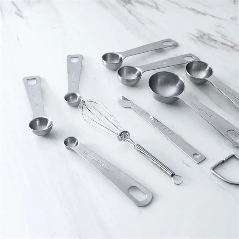 9Pcs/Set Measuring Spoons Scoop Stainless Steel Multifunctional Cups Creative Kitchen Scale Baking Teaspoons Sugar Coffee Tools