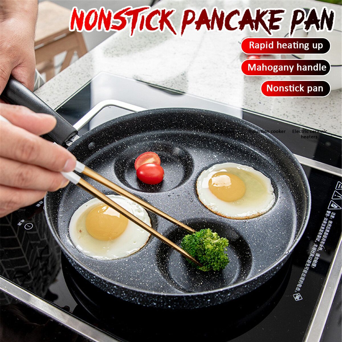 4Cups Egg Frying Pan Non Stick Cooker Aluminum Alloy Fry Kitchen Cooking Kitchen Black