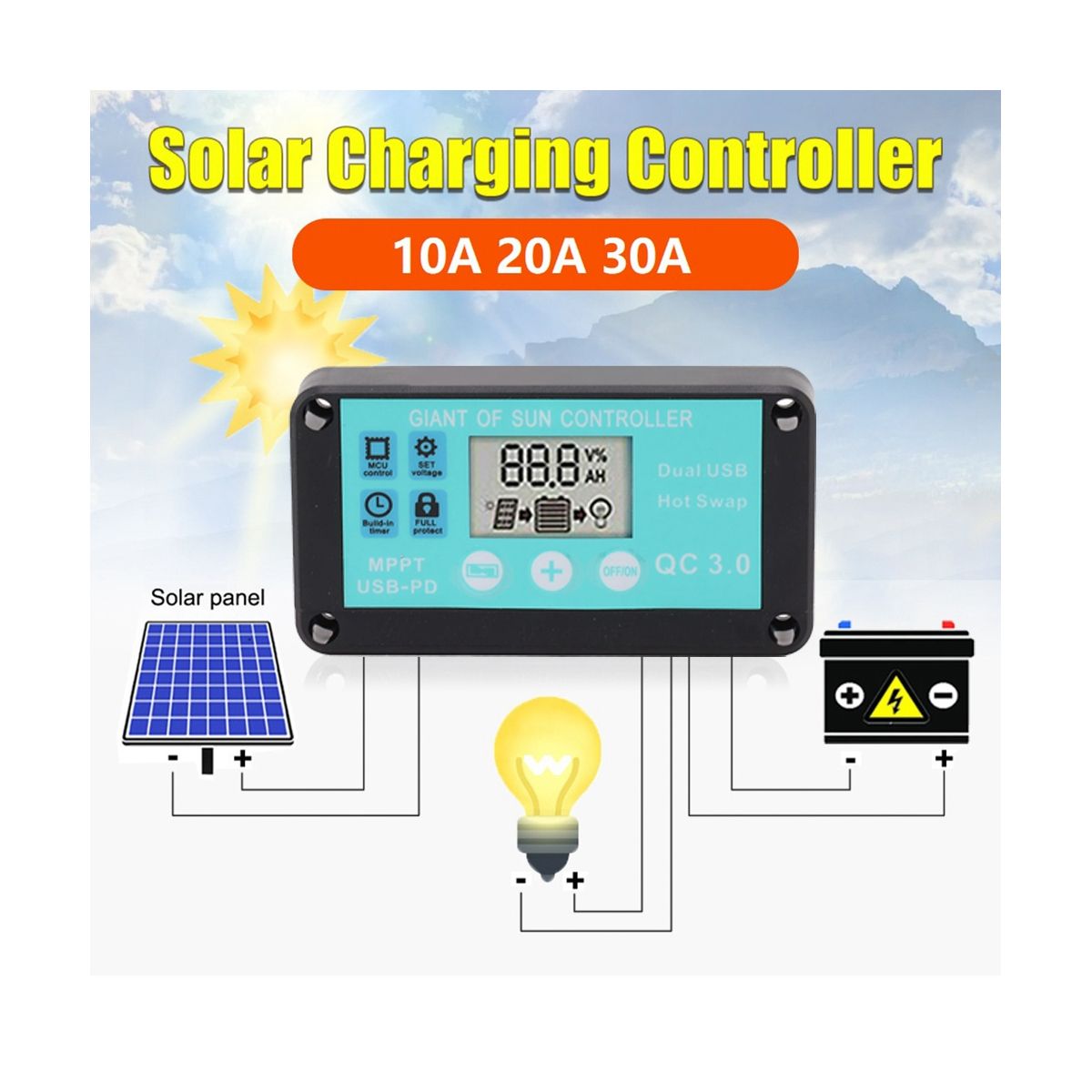 MPPT Solar Charge Controller Multiple Protection Solar Solar QC3.0 Controller with LCD Screen(30A)