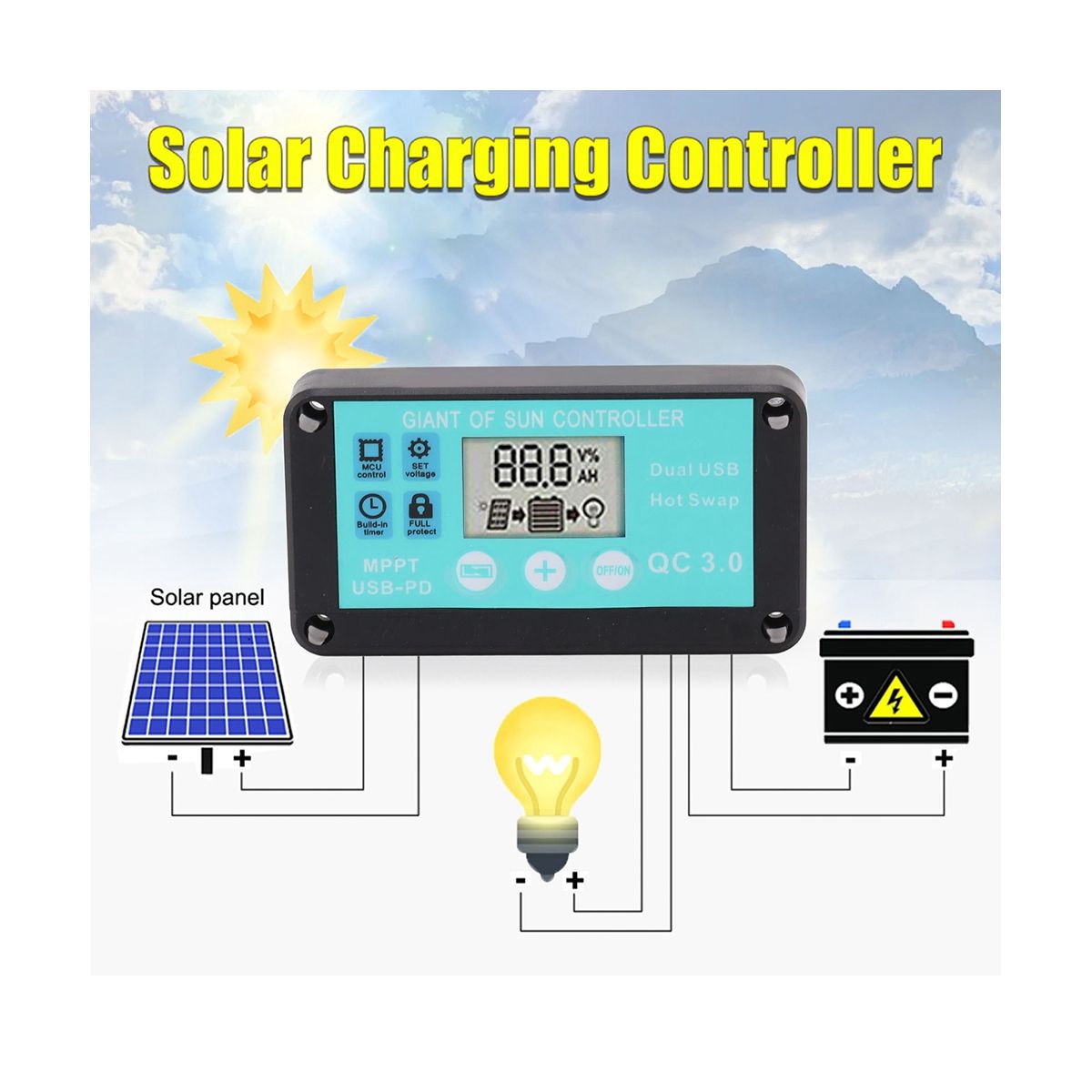 MPPT Solar Charge Controller Multiple Protection Solar Solar QC3.0 Controller with LCD Screen(30A)