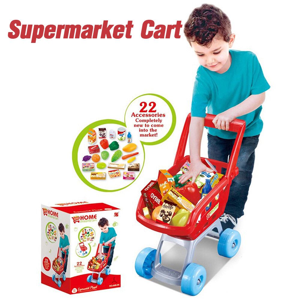 [Great Gift For Kids] Supermarket Shopping Cart Toy Supermarket Store Playset Gift For Toddler W/Food