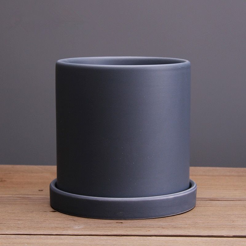 1pc Nordic Style Black And White Matt Ceramic Succulent Orchid Pot With Tray Planter Holder Flower Pot Hole In The Bottom Light Grey