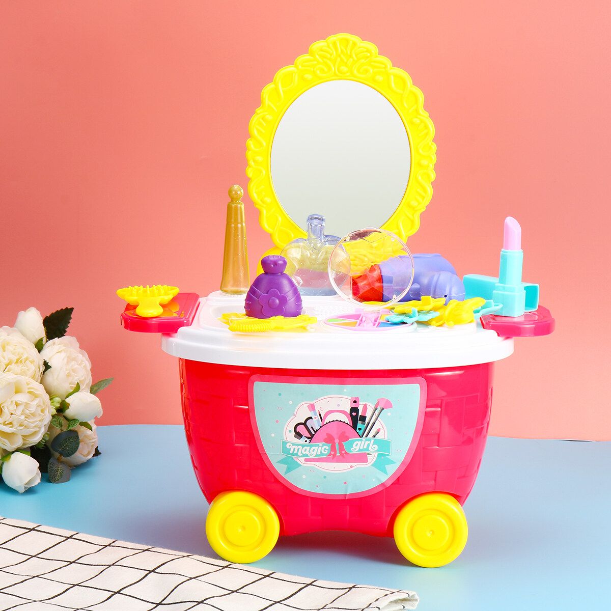 Sweety And Fun Trolley Ice Shop Dresser Cart Food Kids Pretend Play Role Toy Basket Set Shopping Toys Dressing Table DIY Gift Kids Children Style 2 Red