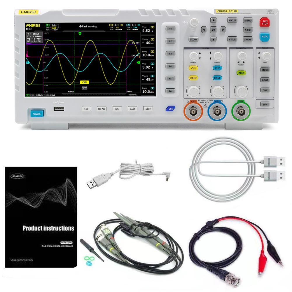 FNIRSI-1014D Portable 7 Inch TFT LCD Display Screen Two In One Dual Channel Input Signal Generator Desktop Oscilloscope Capture Output Signal Function 100MHz* 2 Ana-log Bandwidth 1GSa/s Sampling Rate 1GB Storage Space Multifu