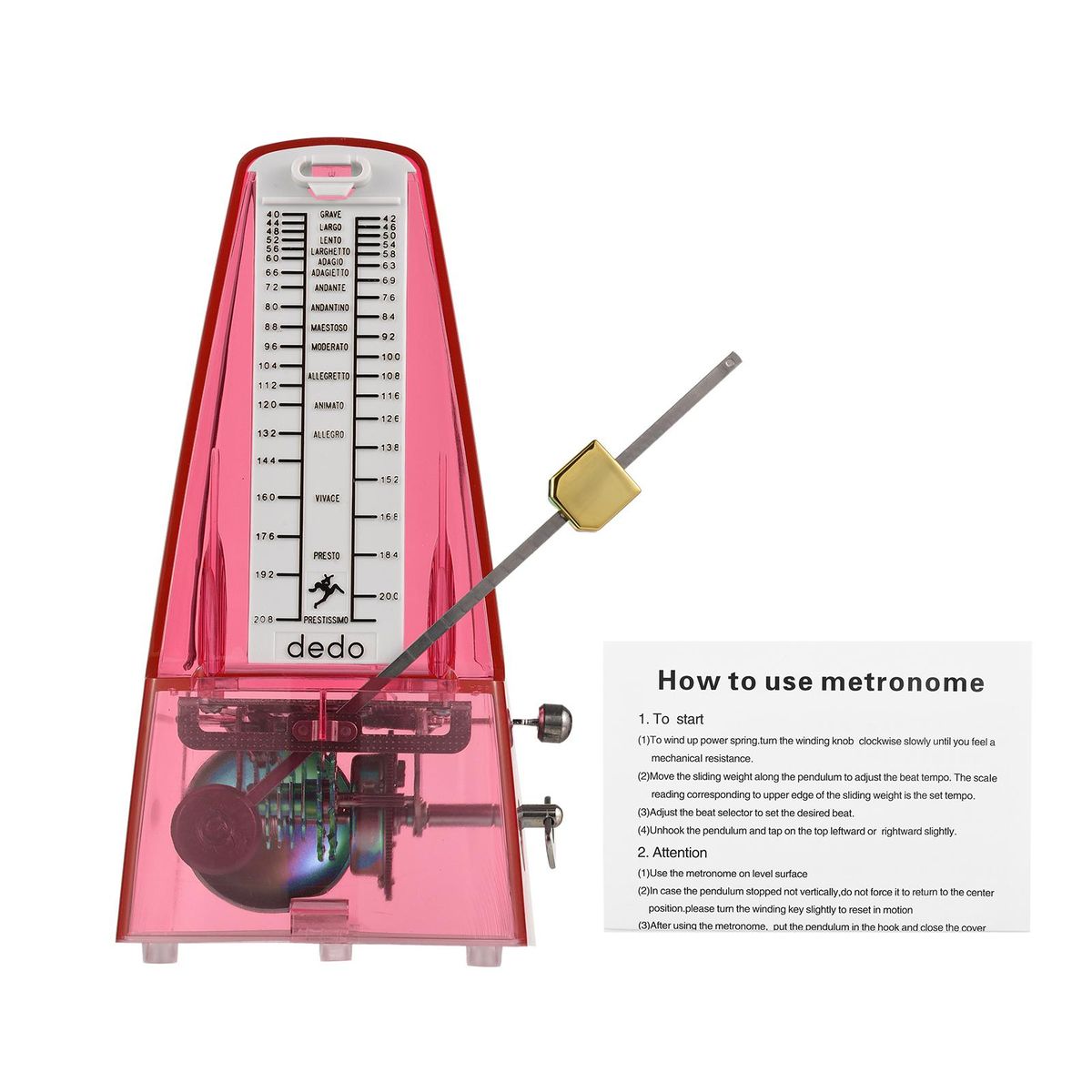 Transparent Mechanical Metronome with Bell Universal Wind up Metronome with Loud Sound Beat Selection Speed Control for Guitar Piano Violin Drum