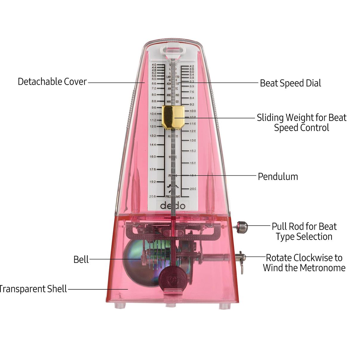 Transparent Mechanical Metronome with Bell Universal Wind up Metronome with Loud Sound Beat Selection Speed Control for Guitar Piano Violin Drum