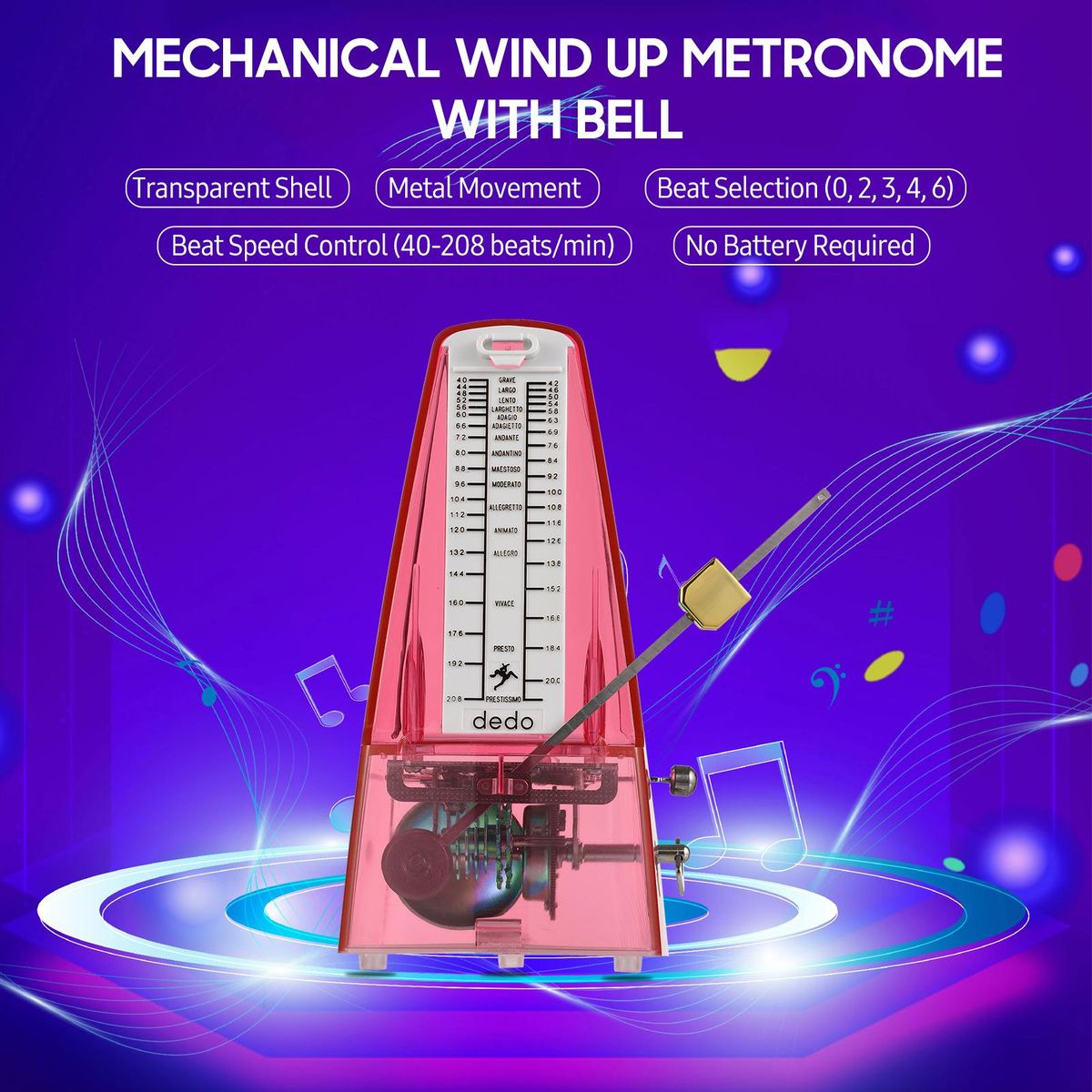 Transparent Mechanical Metronome with Bell Universal Wind up Metronome with Loud Sound Beat Selection Speed Control for Guitar Piano Violin Drum
