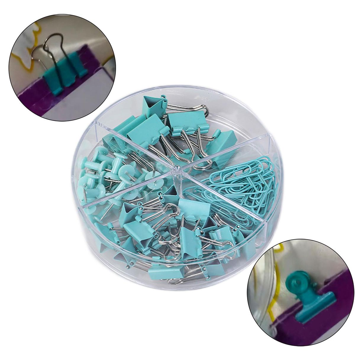 Binder Clips And Paper Clips Push Pins Tacks Set Blue