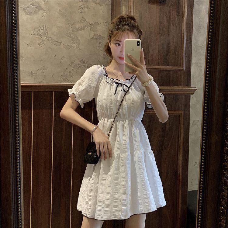 French Minority Bow Elegant White Dress for Women 2022 New Cover Cross Slimming Puff Sleeve Short Skirt Summer