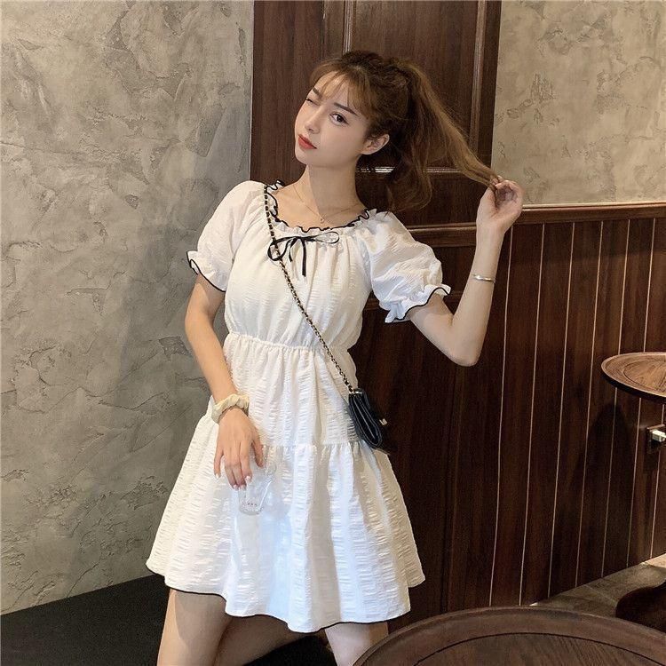 French Minority Bow Elegant White Dress for Women 2022 New Cover Cross Slimming Puff Sleeve Short Skirt Summer