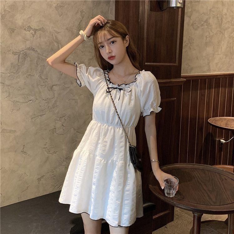 French Minority Bow Elegant White Dress for Women 2022 New Cover Cross Slimming Puff Sleeve Short Skirt Summer