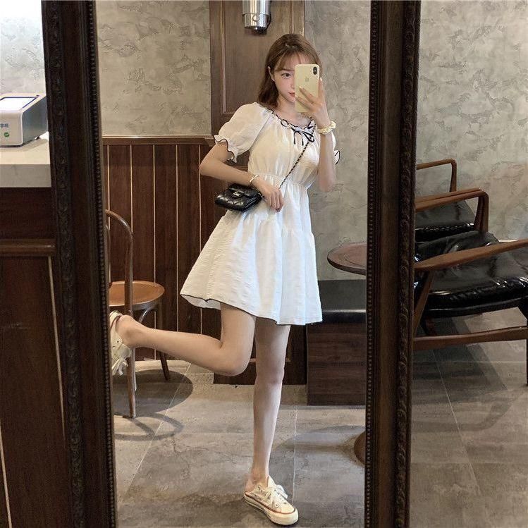 French Minority Bow Elegant White Dress for Women 2022 New Cover Cross Slimming Puff Sleeve Short Skirt Summer