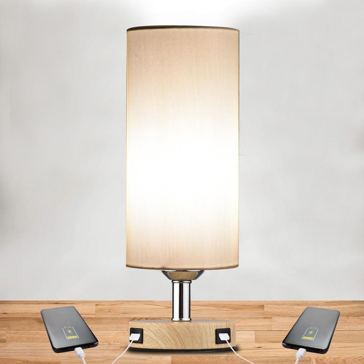 Touch Control Table Lamp Bedside Desk Lamp with E26 LED Bulb Warm White Light Modern Tabletop Lamp 2 USB Ports for Bedroom Living Room