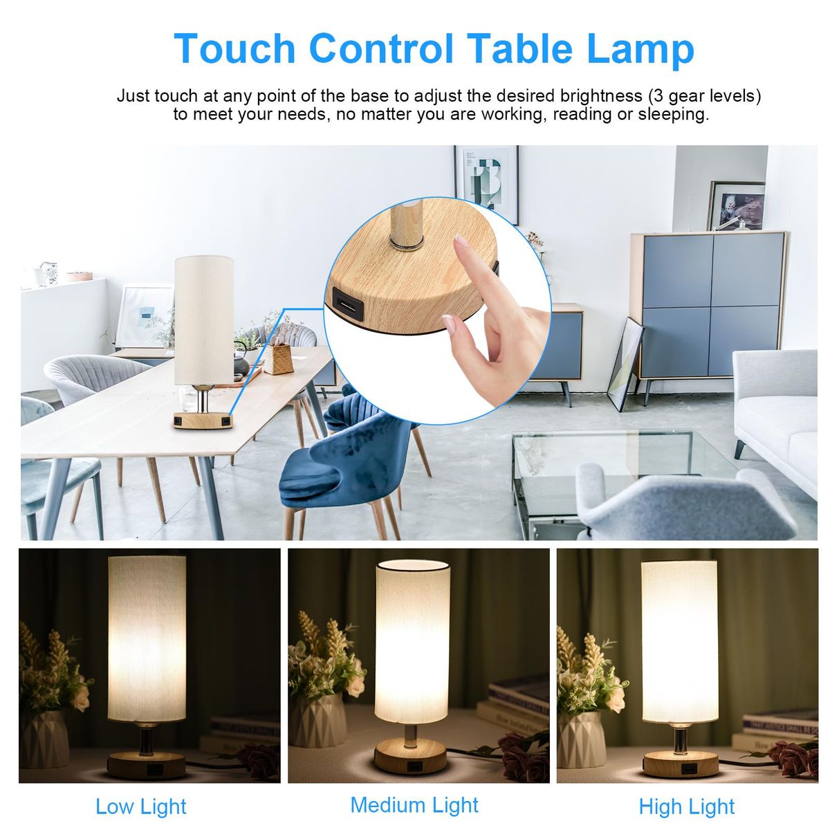 Touch Control Table Lamp Bedside Desk Lamp with E26 LED Bulb Warm White Light Modern Tabletop Lamp 2 USB Ports for Bedroom Living Room