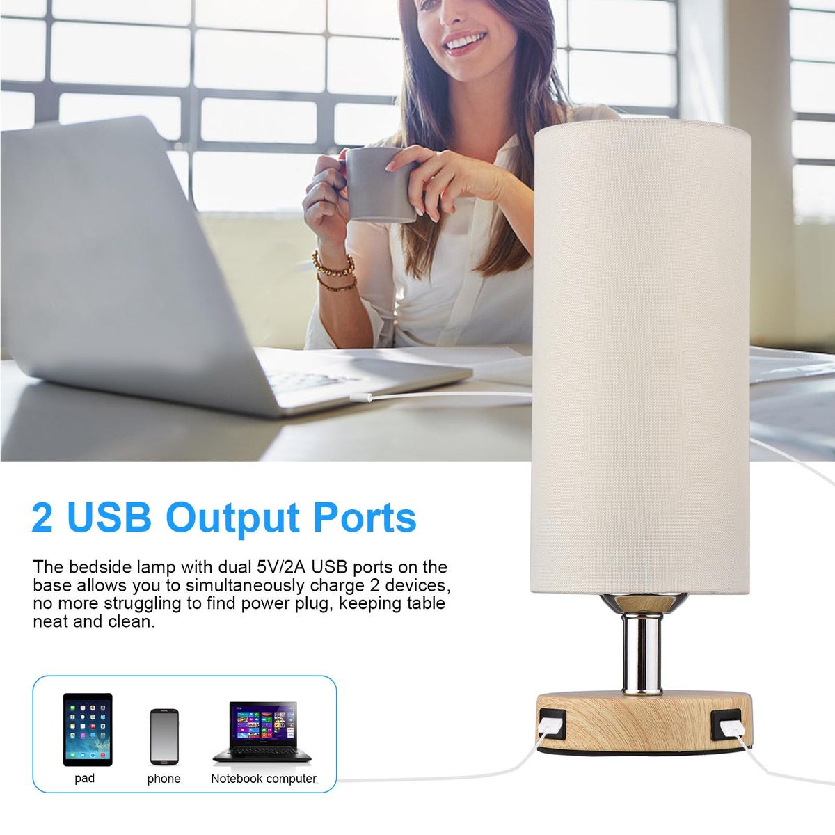 Touch Control Table Lamp Bedside Desk Lamp with E26 LED Bulb Warm White Light Modern Tabletop Lamp 2 USB Ports for Bedroom Living Room