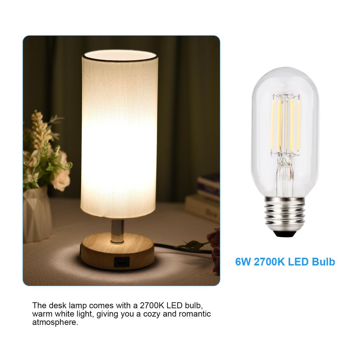 Touch Control Table Lamp Bedside Desk Lamp with E26 LED Bulb Warm White Light Modern Tabletop Lamp 2 USB Ports for Bedroom Living Room
