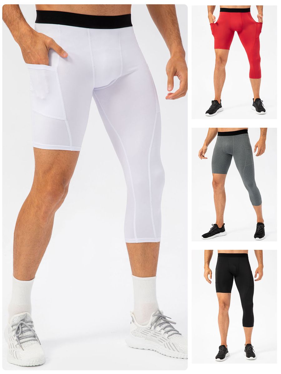 Men One Leg Leggings For Basketball Side Pockets Fitness