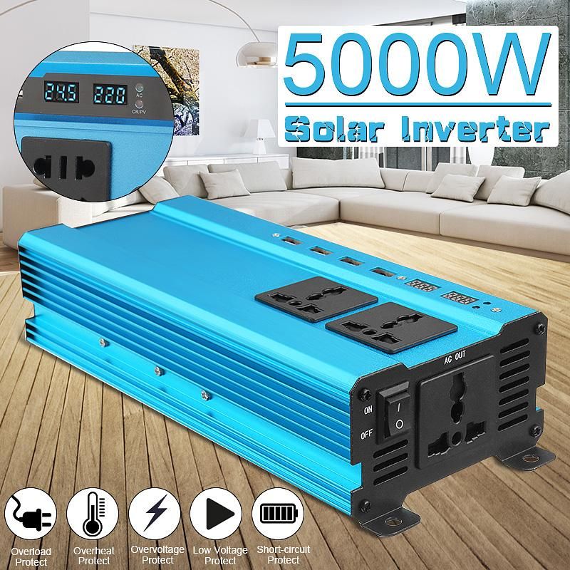 5000W Solar Power Inverter 12V-220V AC 4 USB Sine Wave Converter-12V-220V Blue 5000W