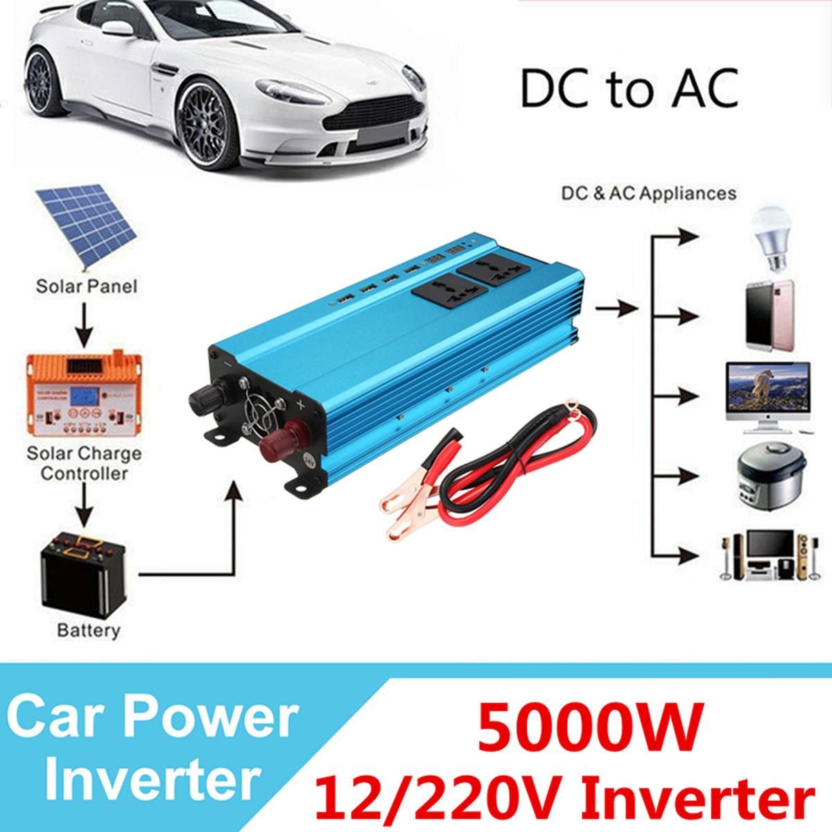 5000W Solar Power Inverter 12V-220V AC 4 USB Sine Wave Converter-12V-220V Blue 5000W
