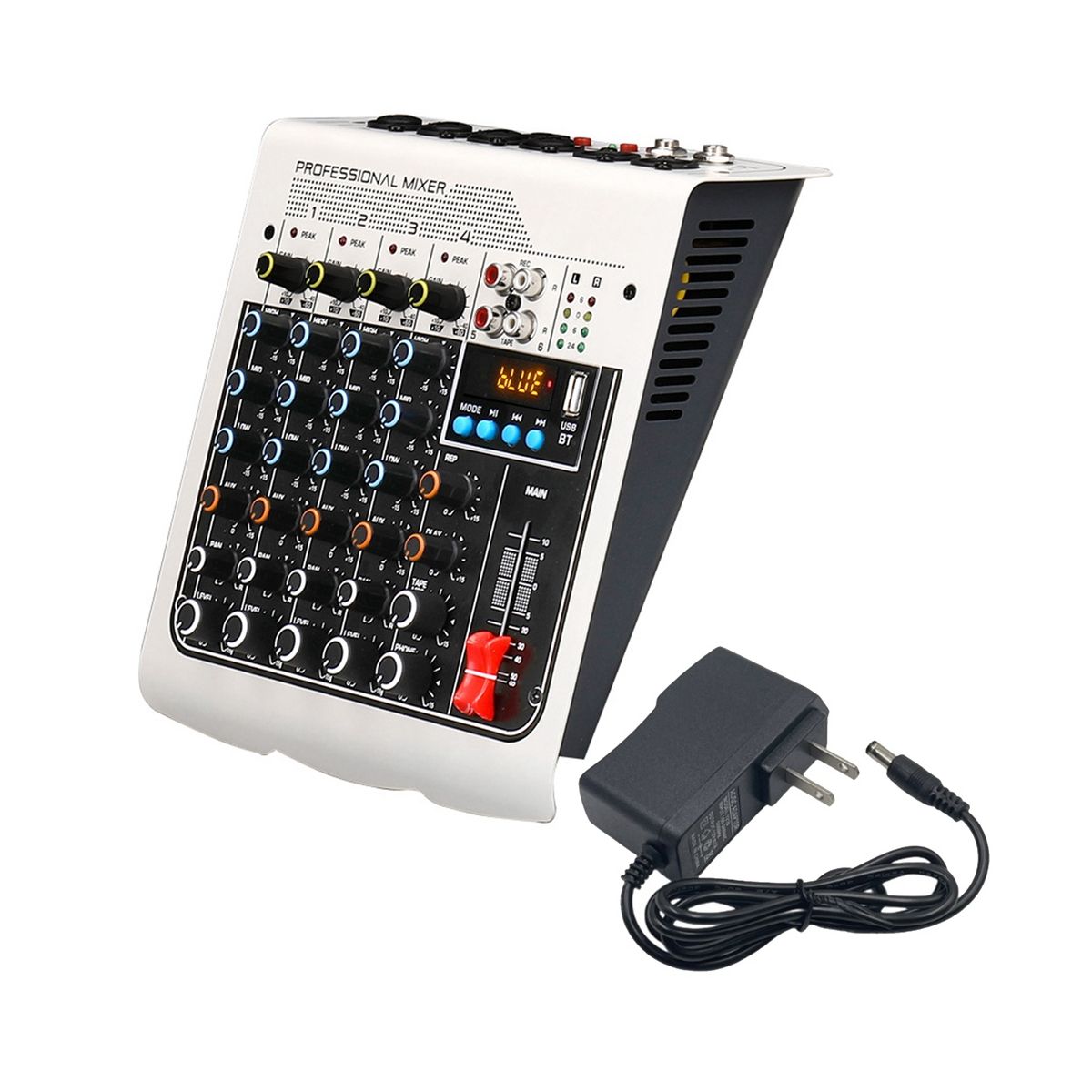 4-Channel Audio Mixer USB Sound Mixing Console Bluetooth DJ Console 48V Phantom Power for Live Podcasting-US Plug