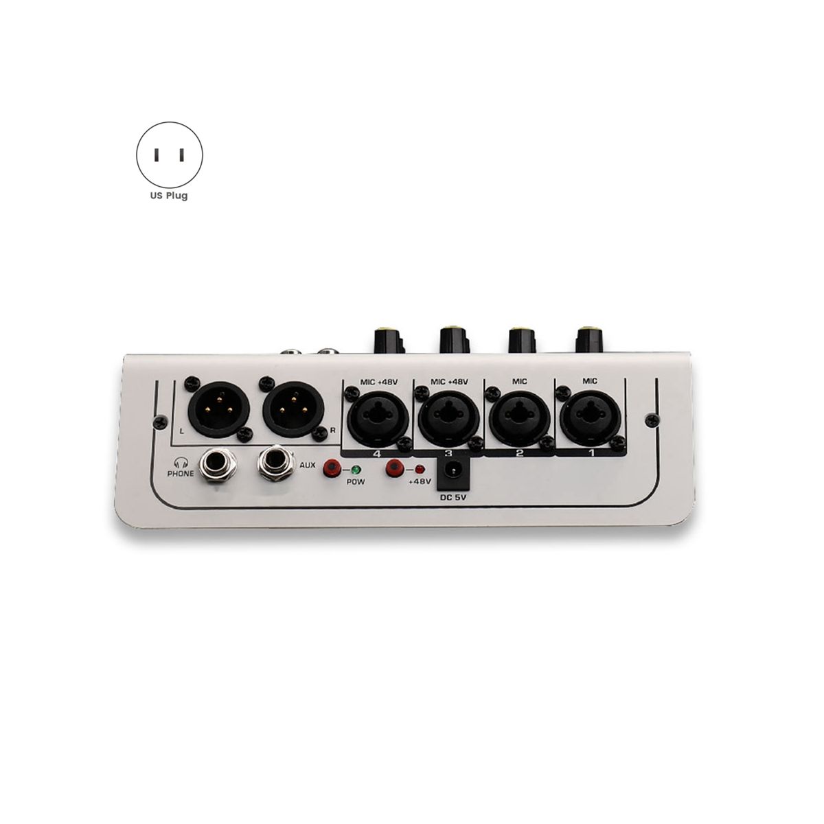 4-Channel Audio Mixer USB Sound Mixing Console Bluetooth DJ Console 48V Phantom Power for Live Podcasting-US Plug