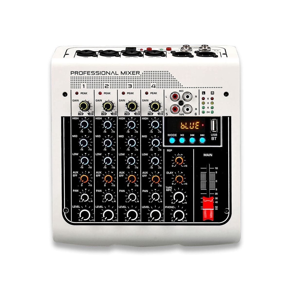 4-Channel Audio Mixer USB Sound Mixing Console Bluetooth DJ Console 48V Phantom Power for Live Podcasting-US Plug