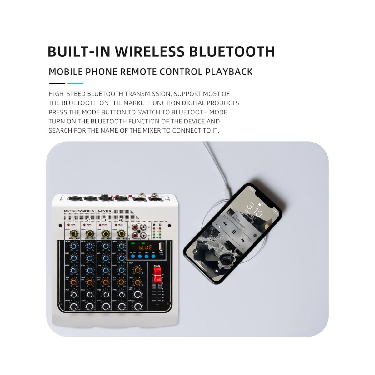 4-Channel Audio Mixer USB Sound Mixing Console Bluetooth DJ Console 48V Phantom Power for Live Podcasting-US Plug