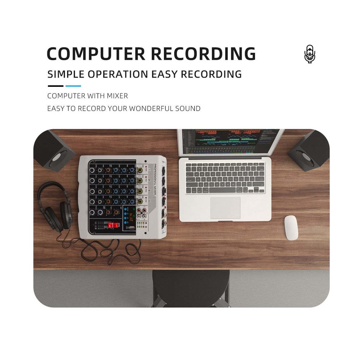 4-Channel Audio Mixer USB Sound Mixing Console Bluetooth DJ Console 48V Phantom Power for Live Podcasting-US Plug