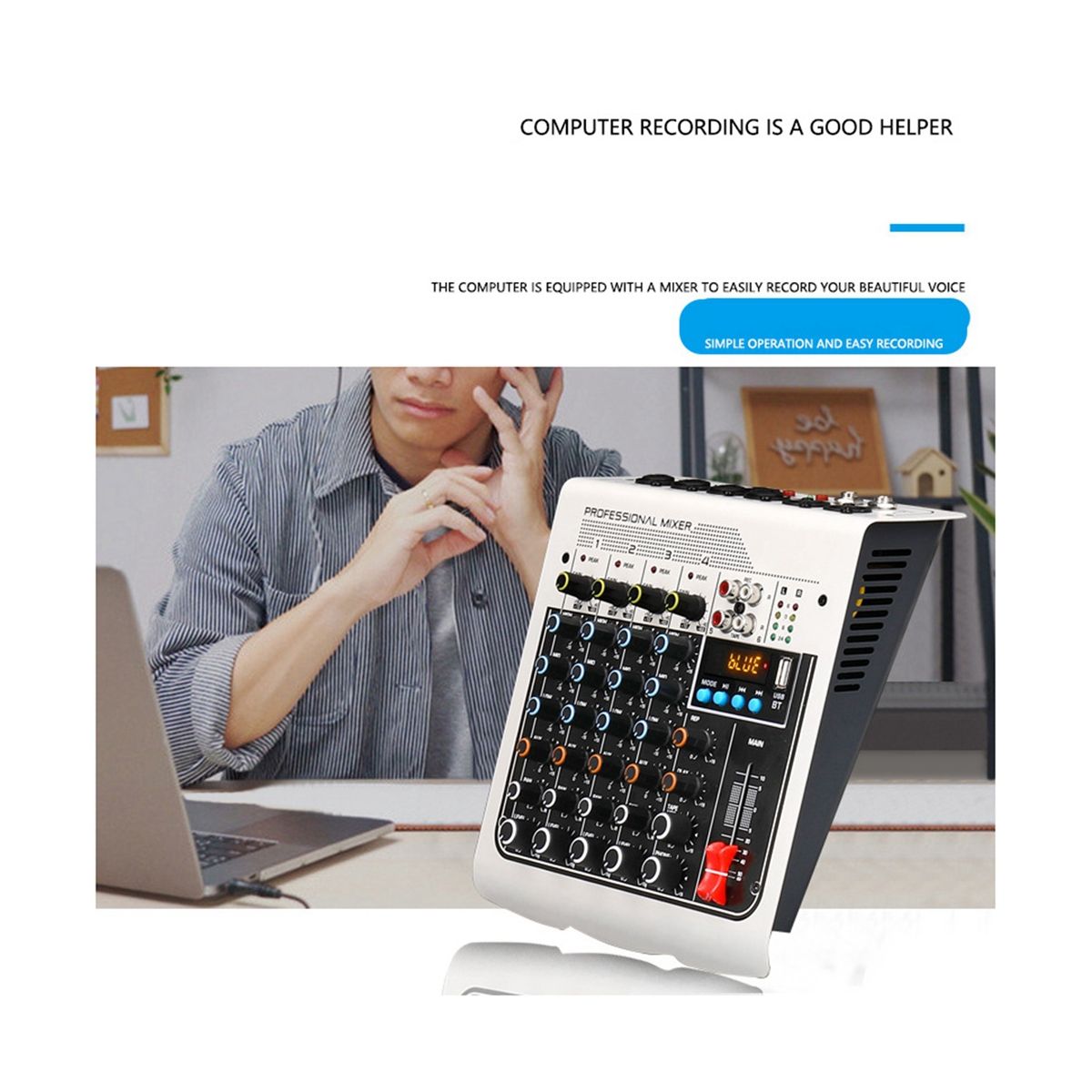 4-Channel Audio Mixer USB Sound Mixing Console Bluetooth DJ Console 48V Phantom Power for Live Podcasting-US Plug