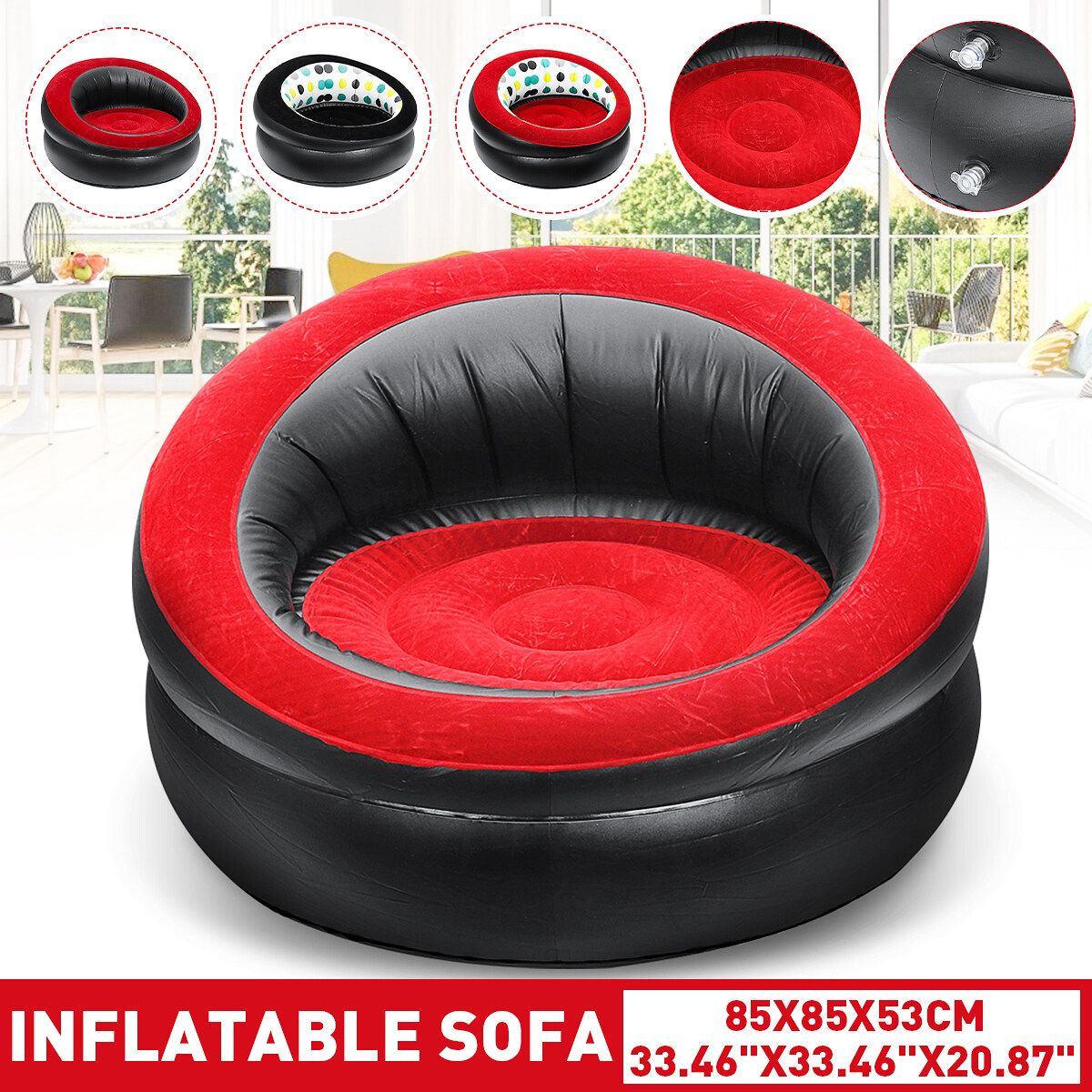 Indoor Inflatable Lounge Chair Portable Lazy Sofa Travel Air Round Seat Adult Red