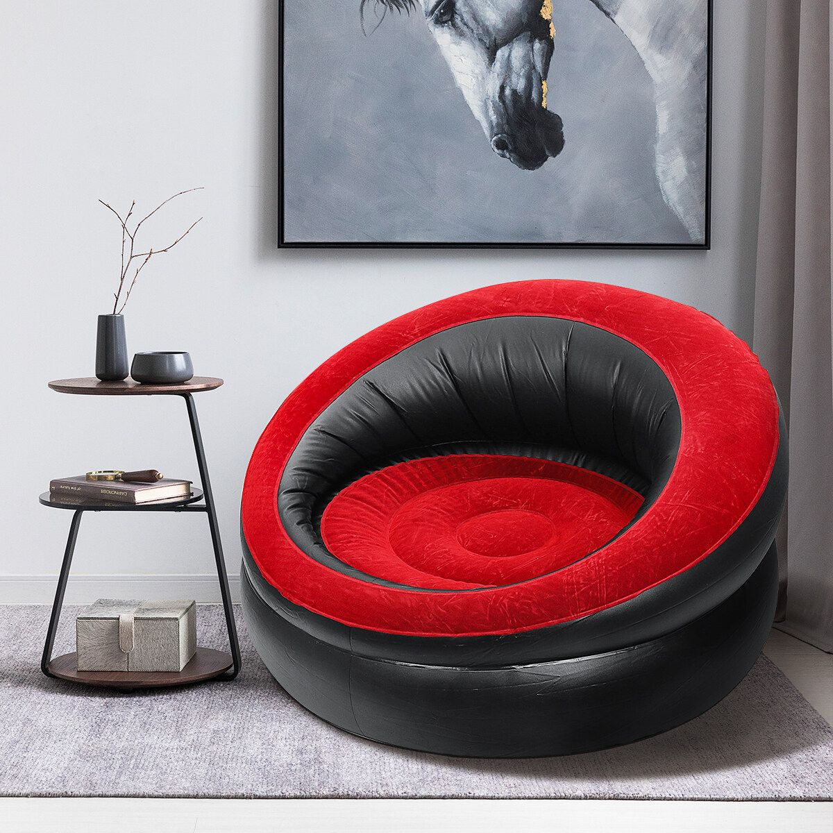 Indoor Inflatable Lounge Chair Portable Lazy Sofa Travel Air Round Seat Adult Red