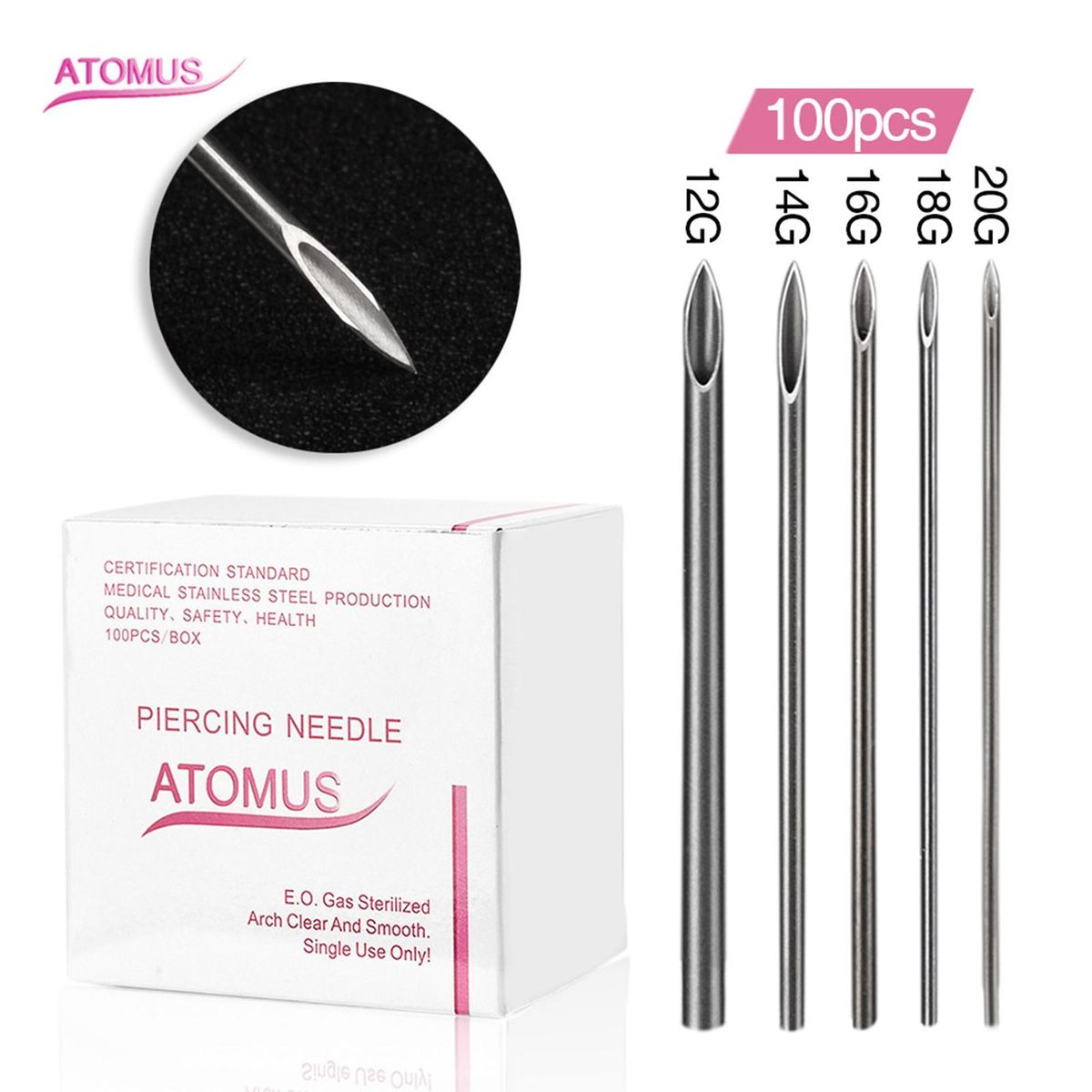 100Pcs Disposable Piercing Needle Stainless Steel Sterile Body Piercing Needles Tat too Accessories Ear Nose Piercing Needles 12/14/16/18/20G