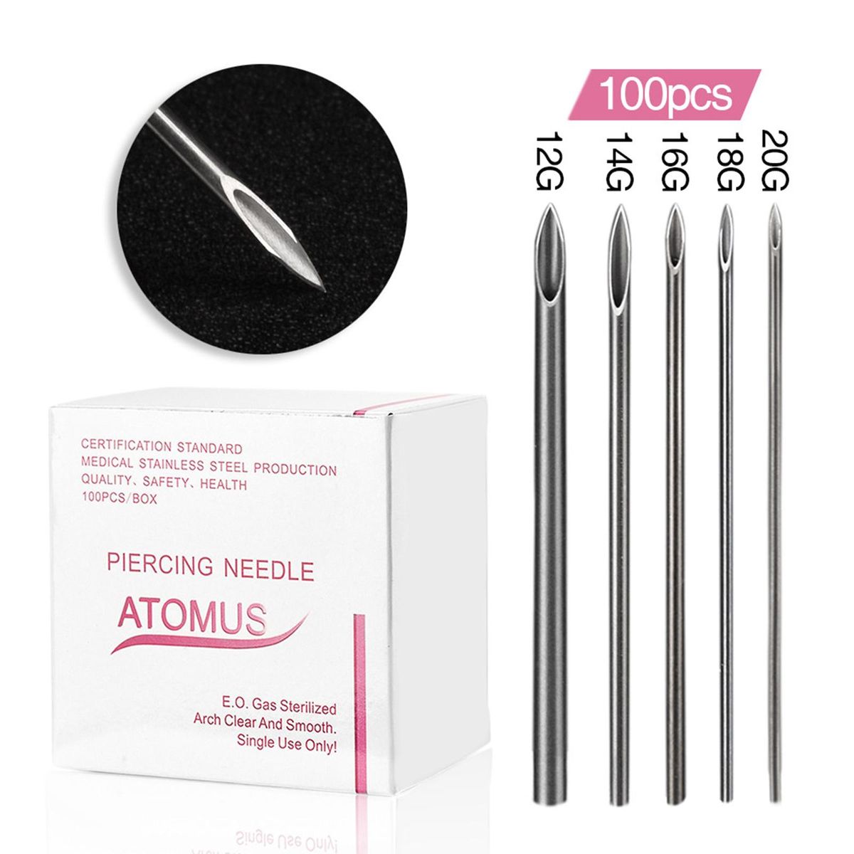 100Pcs Disposable Piercing Needle Stainless Steel Sterile Body Piercing Needles Tat too Accessories Ear Nose Piercing Needles 12/14/16/18/20G
