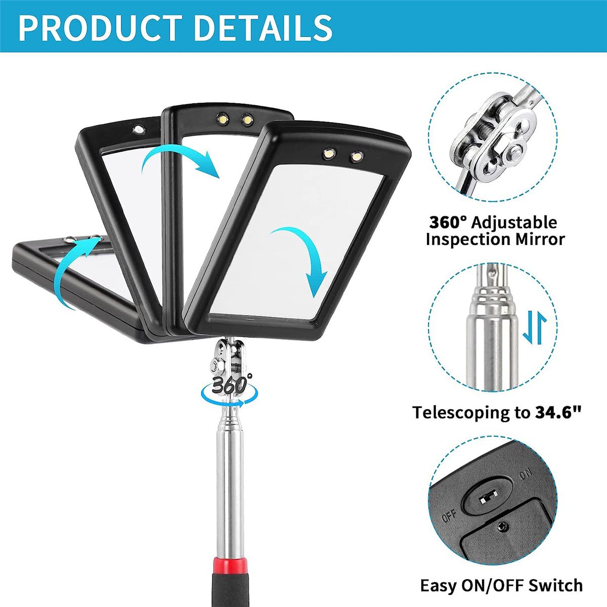 2Pc Telescoping Inspection Mirror LED Light Set Flexible 360 Swivel ForInspection Viewing Mechanic Checking Observation