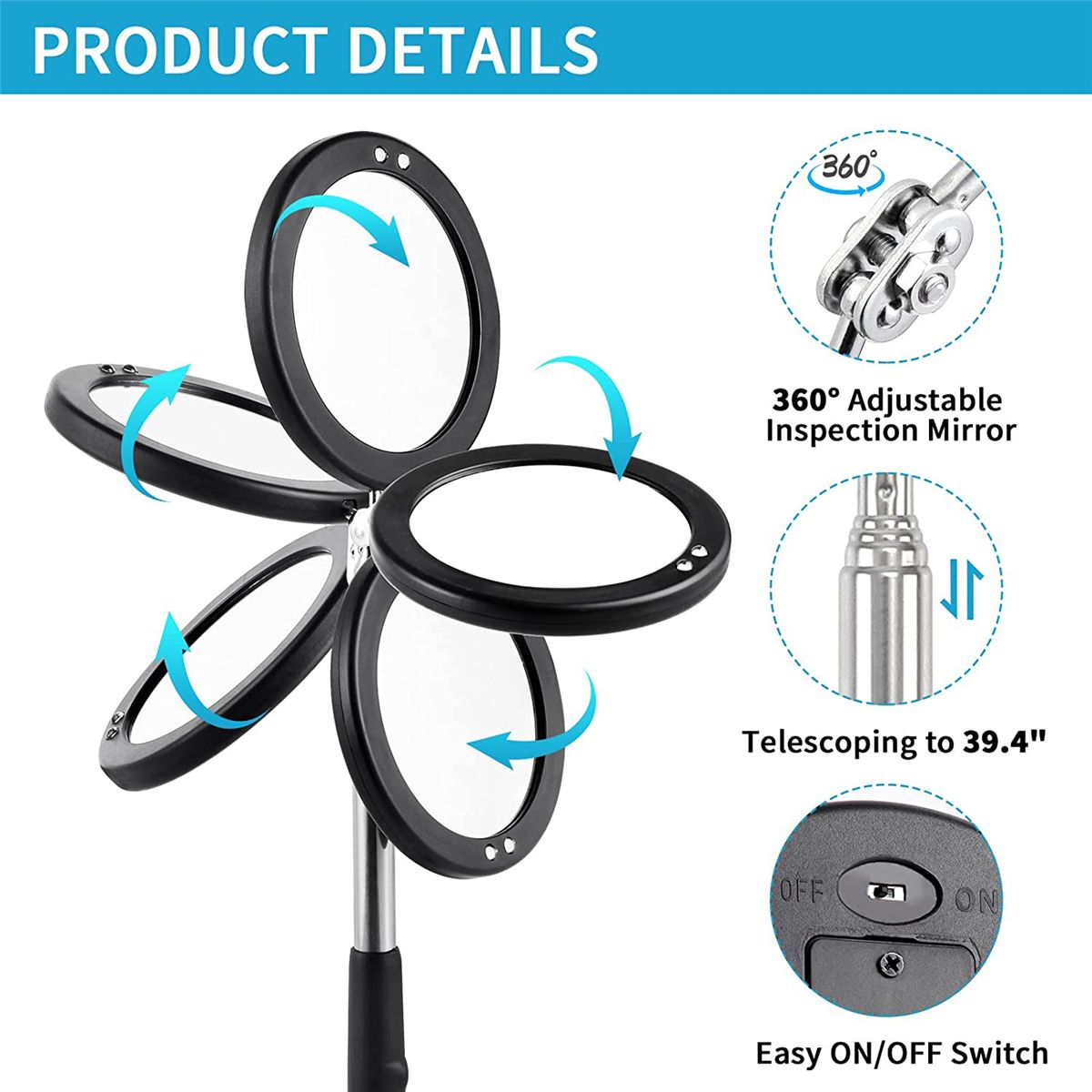 2Pc Telescoping Inspection Mirror LED Light Set Flexible 360 Swivel ForInspection Viewing Mechanic Checking Observation