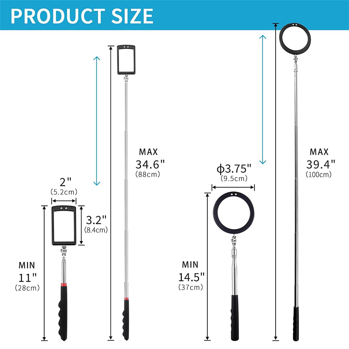 2Pc Telescoping Inspection Mirror LED Light Set Flexible 360 Swivel ForInspection Viewing Mechanic Checking Observation