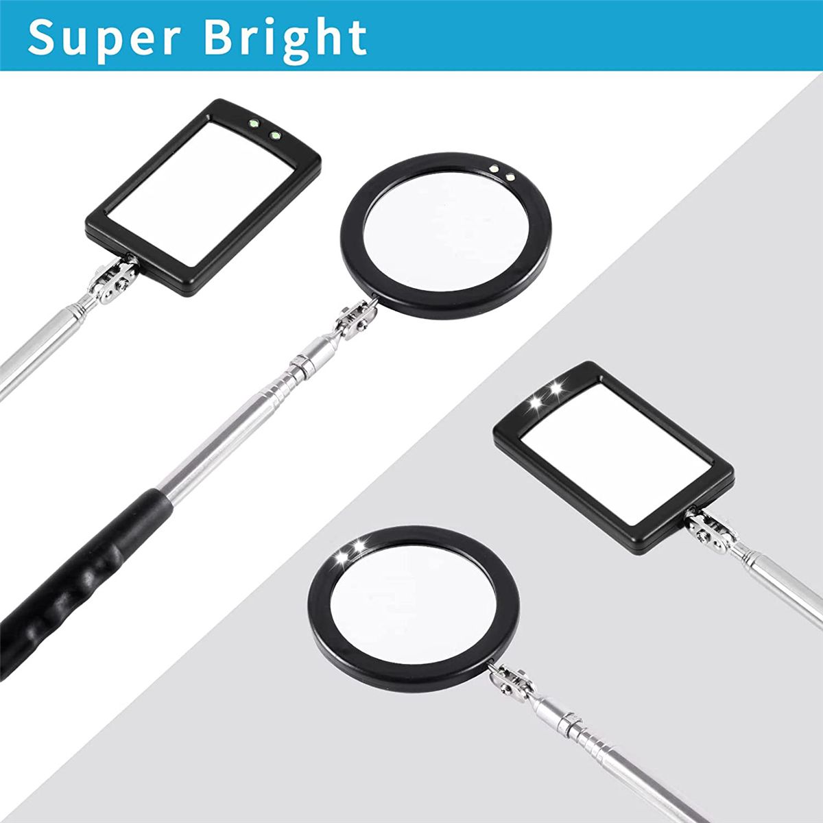 2Pc Telescoping Inspection Mirror LED Light Set Flexible 360 Swivel ForInspection Viewing Mechanic Checking Observation