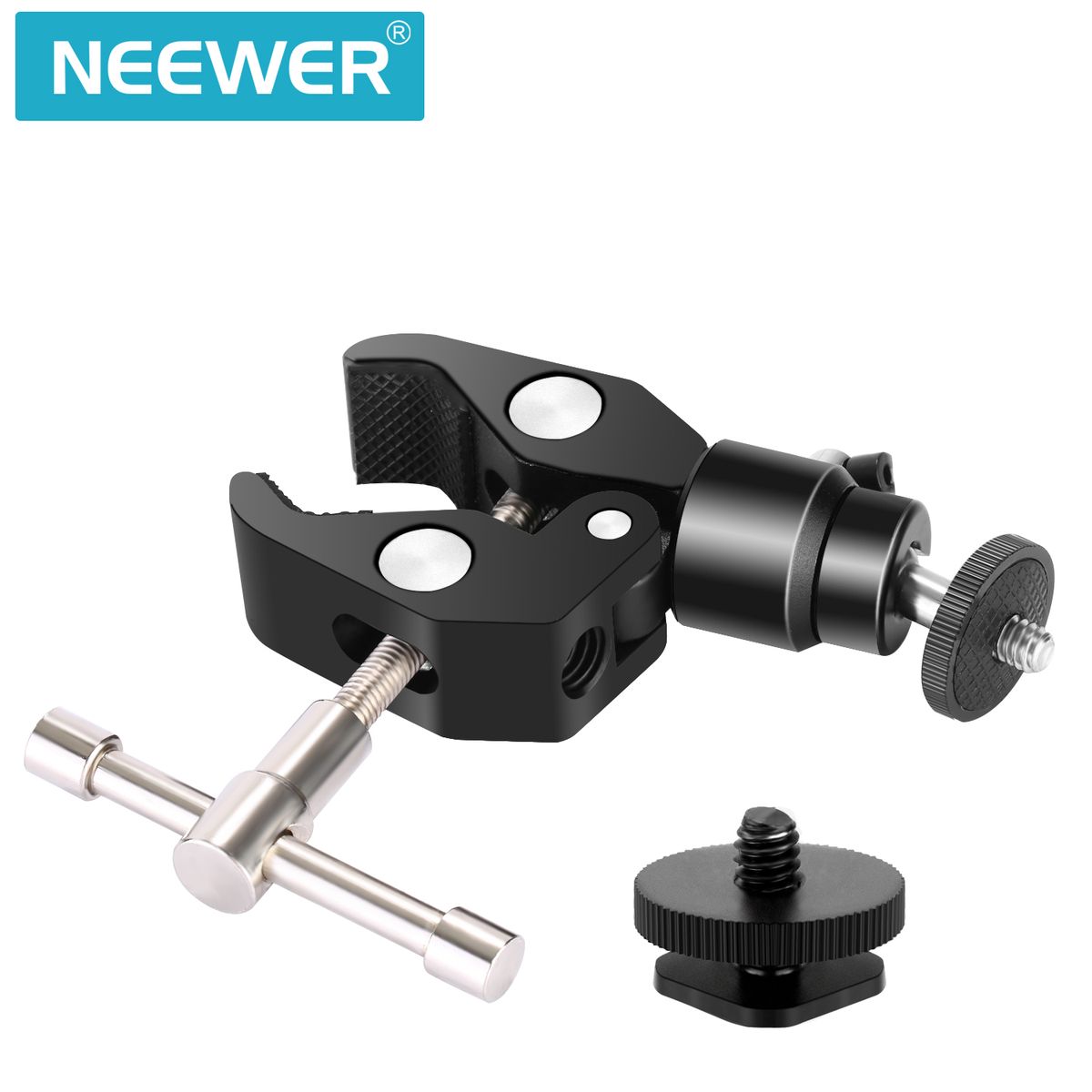 Metal Adjustable Camera Large Super Clamp And Ball Head Hot Shoe Mount Adapter With 1/4 Inch Screw For DSLR Film Movie Rig, Monitor, Flash, LED Lights, Track Slider And Light Stand