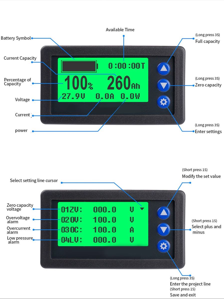 Battery Monitor DC 8-100V 100A 200A 400A Lifepo4 Lead-acid Li-ion Lithium CELL Capacity Power Meter 12V 24V 36V 48V 60V 72V-100A